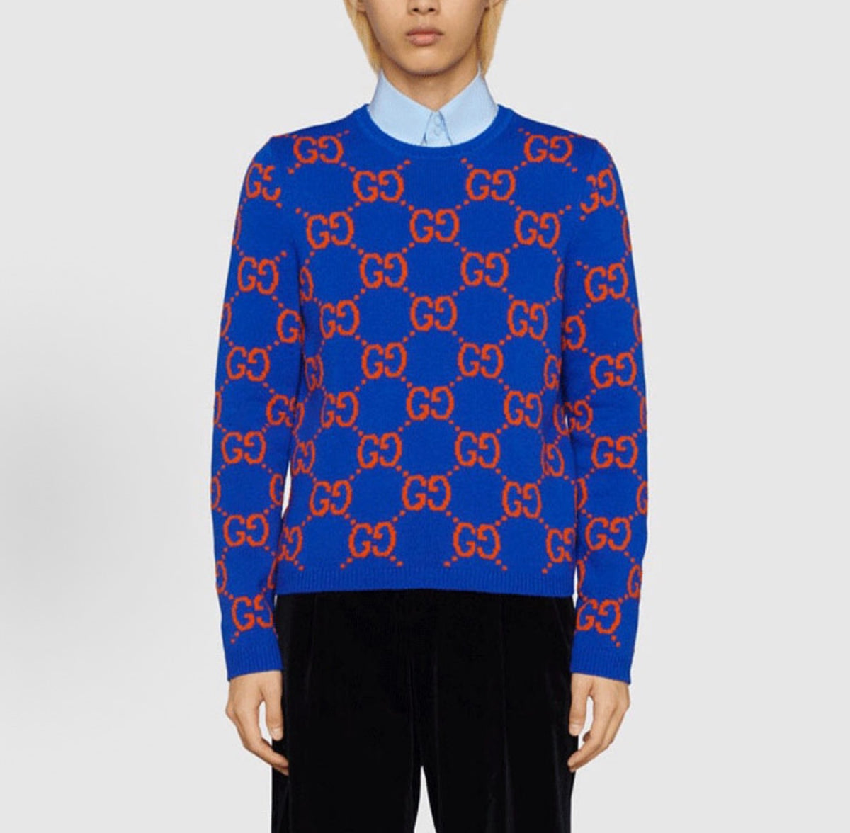 GUCCI SS22 GG Knitted Round-neck Pullover Wool Sweater for Men - Blue
