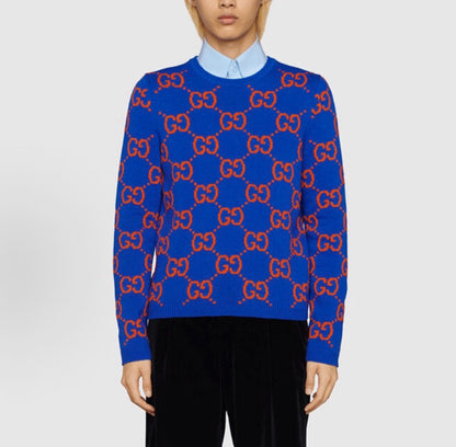 GUCCI SS22 GG Knitted Round-neck Pullover Wool Sweater for Men - Blue