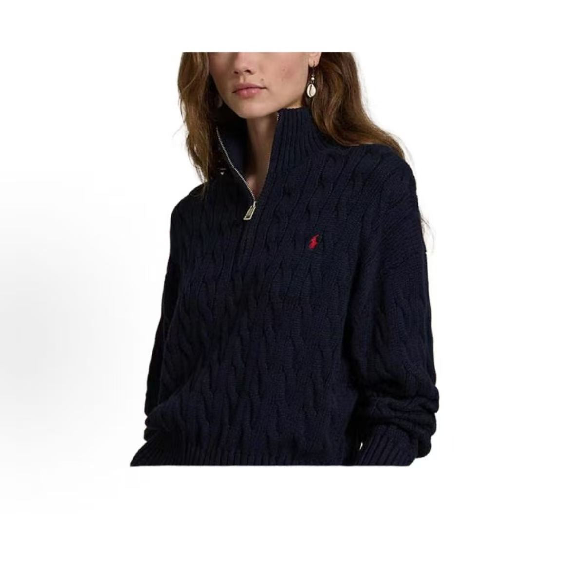 Ralph Lauren Solid Twisted Knitted Cotton Polo Neck Long-Sleeved Zip Knit Shirt Loose Fit Women's Blue