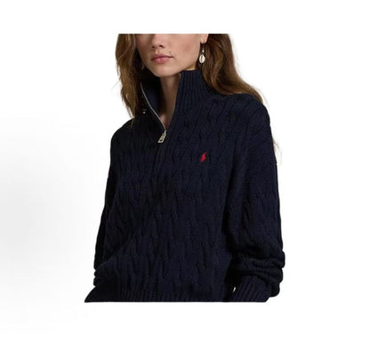 Ralph Lauren Solid Twisted Knitted Cotton Polo Neck Long-Sleeved Zip Knit Shirt Loose Fit Women's Blue