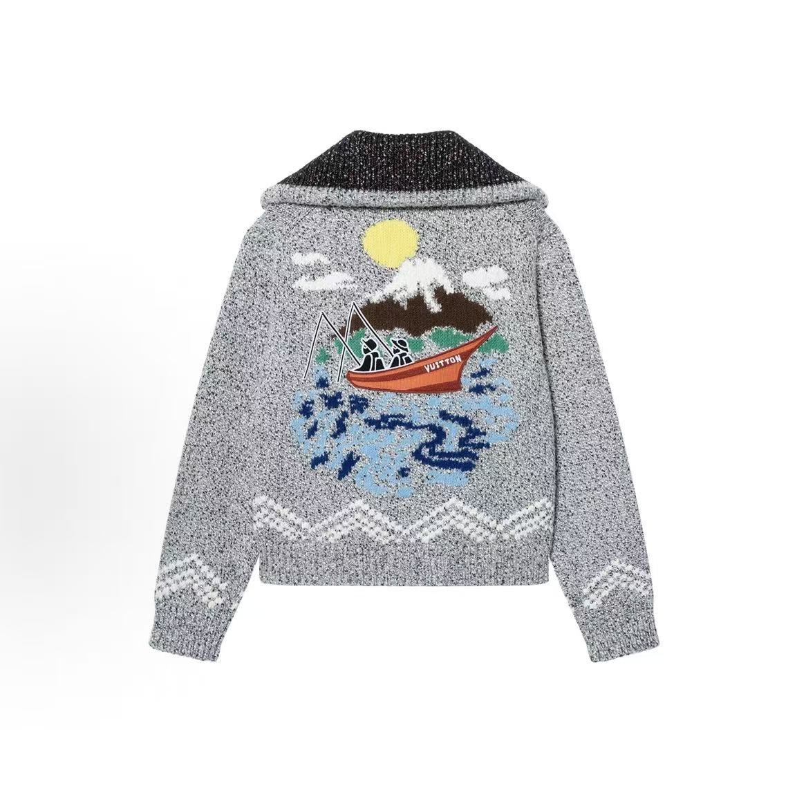 LOUIS VUITTON × Nigo Collaboration Collection for FW25 Winter Season - Fish Pattern Plaid Collar Sweater Coat for Men - Light Gray