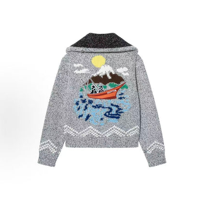 LOUIS VUITTON × Nigo Collaboration Collection for FW25 Winter Season - Fish Pattern Plaid Collar Sweater Coat for Men - Light Gray