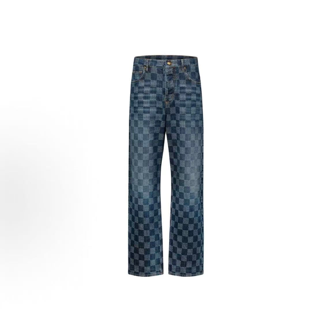 LOUIS VUITTON SS26 Spring/Summer Collection Damier Skateboard Full-Width Logo Jacquard Antique Metal Button Studs Denim Pants Men's Style