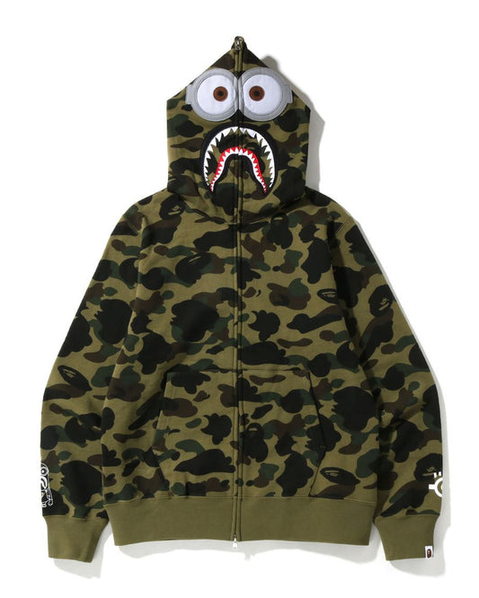 A Bathing Ape X Minions 1st Camo Minions Shark Full Zip Hoodie In Amry Green