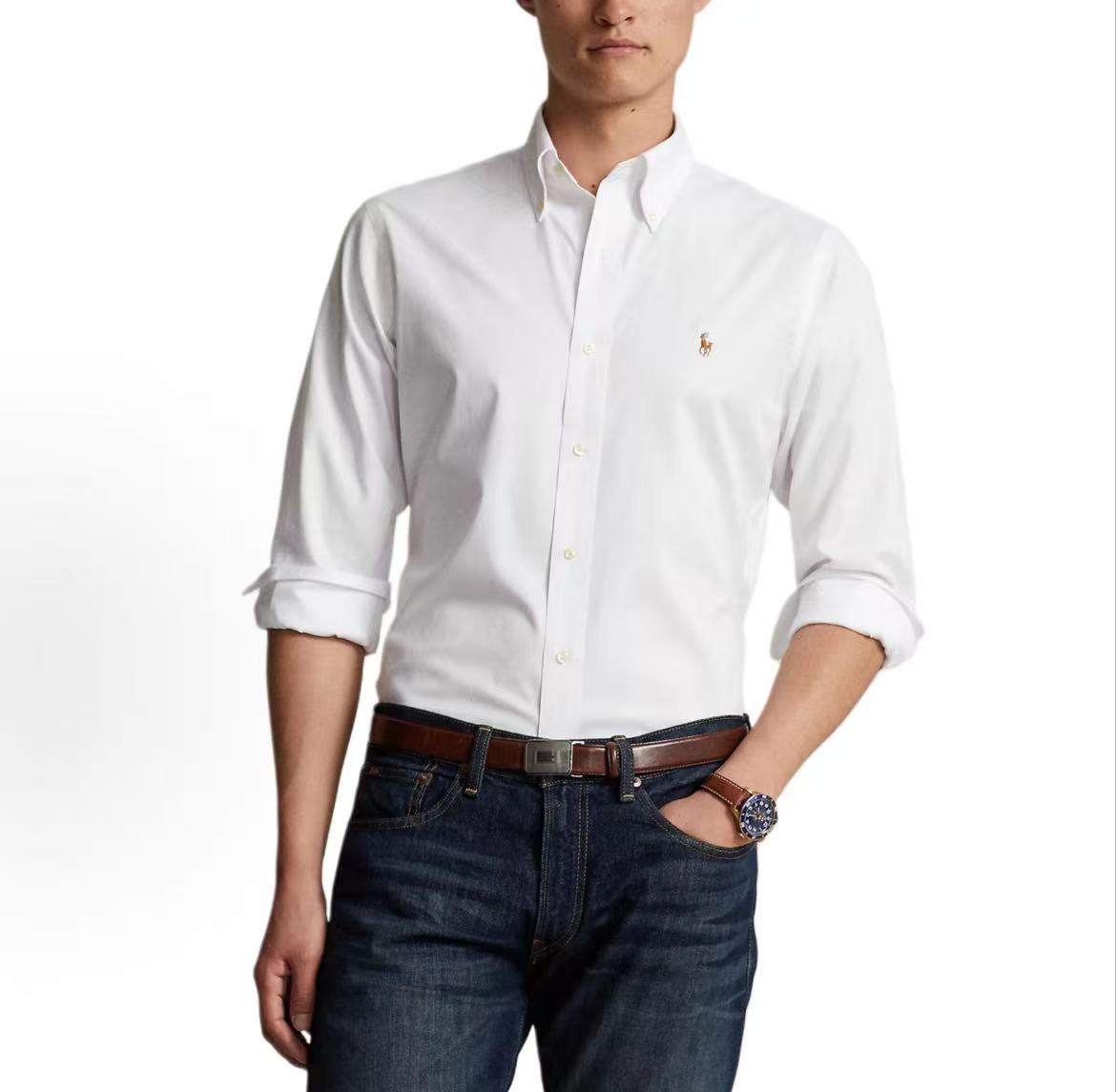 Ralph Lauren Solid-color Logo Patched Collar Button-Up Loose-Fitting Long-Sleeved Shirt Classic Style Men's White