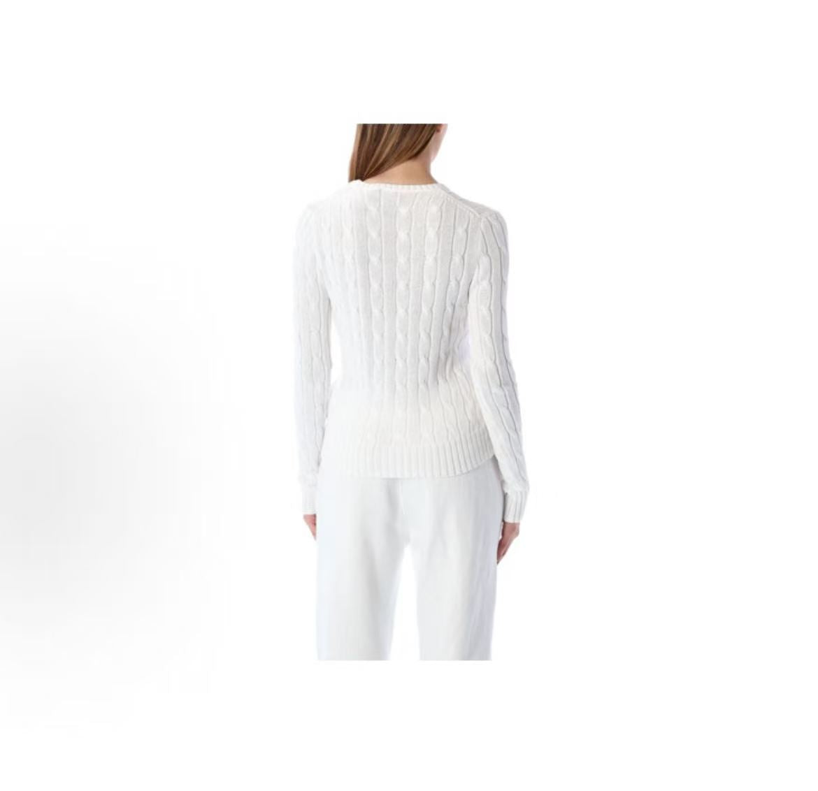 Ralph Lauren FW21 Small Stud Embellished Solid Color Chunky Knit Round Neck Long Sleeve Sweater for Women, White