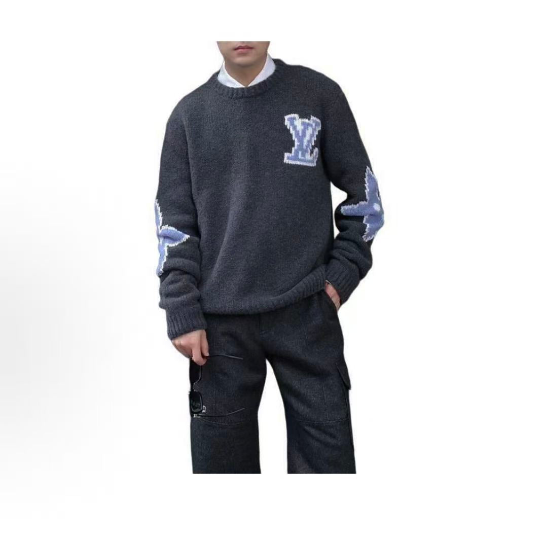 LOUIS VUITTON SKI Winter 24 Collection Solid Color Letter Print Round-neck Long-sleeve Sweater for Men, Dark Gray