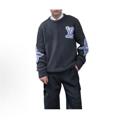 LOUIS VUITTON SKI Winter 24 Collection Solid Color Letter Print Round-neck Long-sleeve Sweater for Men, Dark Gray