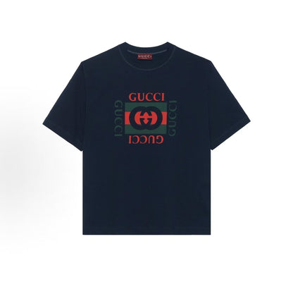 GUCCI Gucci Lido Logo Letterprint Round-neck Short-sleeved T-shirt Extra Large Size Men's Style Navy Blue