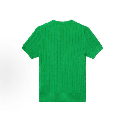 Ralph Lauren Petite Spurs Embroidered Solid Cotton Twill Knitted Crewneck Pullover Short Sleeve Sweater Standard Fit Women's Green