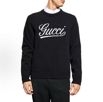 GUCCI Ancient Grecian Style 24 Fall Collection Letter Pattern Round-neck Pullover Loose Long-Sleeved Sweater Men's Black