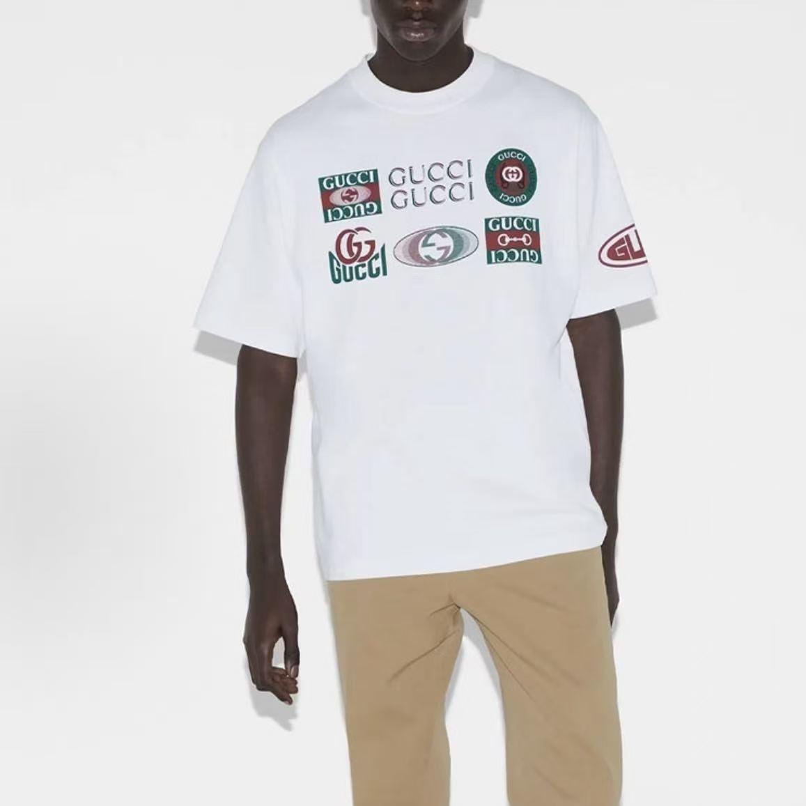 GUCCI Men's White Letter Logo Print Round Neck Short Sleeve T-Shirt, Fall/Winter 2024