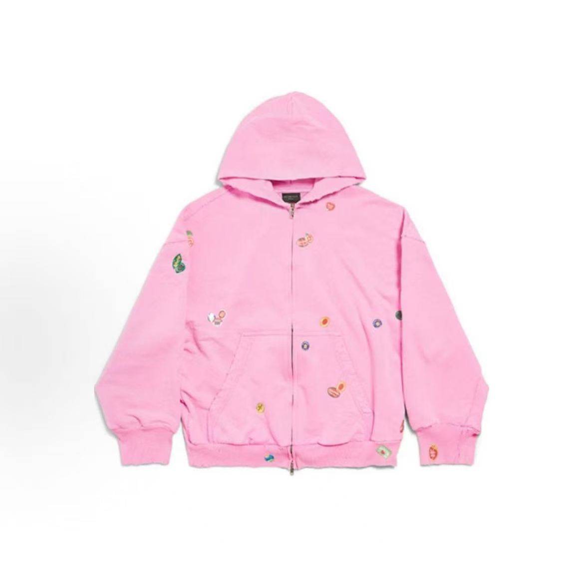 Balenciaga SS25 Printed Sticker Zippered Open Hooded Long-Sleeved Sweater in Regular Fit for Women in Pink Color
