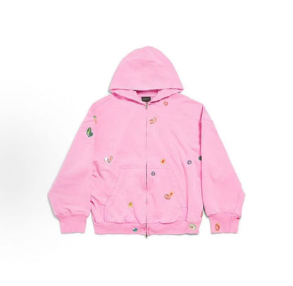 Balenciaga SS25 Printed Sticker Zippered Open Hooded Long-Sleeved Sweater in Regular Fit for Women in Pink Color