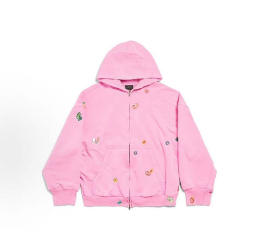 Balenciaga SS25 Printed Sticker Zippered Open Hooded Long-Sleeved Sweater in Regular Fit for Women in Pink Color