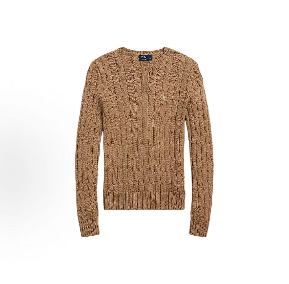 Ralph Lauren Small Horse Logo Embroidered Twisted Knot Solid Cotton Round-neck Pullover Long Sleeve Sweater Slim Fit Women's Item Beige