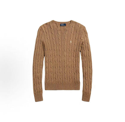 Ralph Lauren Small Horse Logo Embroidered Twisted Knot Solid Cotton Round-neck Pullover Long Sleeve Sweater Slim Fit Women's Item Beige