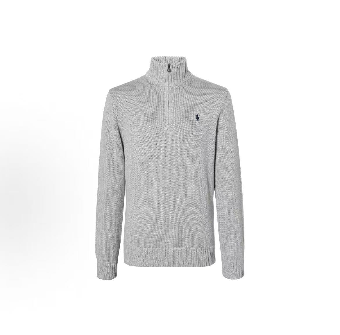Ralph Lauren SS23 Pony Embroidery Solid Color Cotton Half Zipper Half High Collar Pullover Long Sleeve Sweater Standard Edition Men's Flower Grey