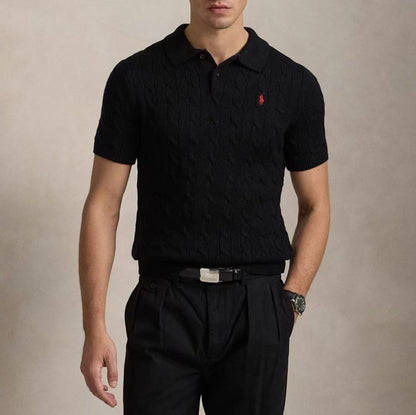 Ralph Lauren SS26 Pony Embroidery Solid Color Cotton Twisted Flower Braided Double Knot Polo Collar Hoodie Short Sleeve Ribbed Bottom Knitted Shirt Standard Edition Men's Polo Black