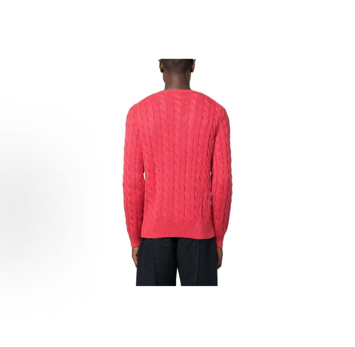 Ralph Lauren FW23 Solid Color Small Spikes Embroidered Plaid Knitted Roundneck Pullover Long Sleeve Sweater for Men - Raspberry Red