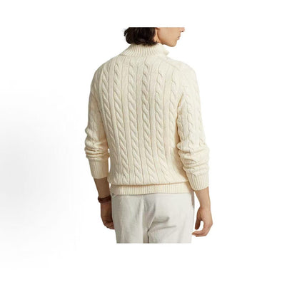 Ralph Lauren Petite Spurs Embroidered Solid Twill Knotted Cotton Half-Collar Quarter-Zip Pullover Long Sleeve Ribbed Hem Men's Sweater Standard Fit