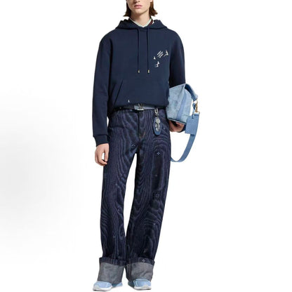 LOUIS VUITTON FW25 Autumn Early Men's Collection - Letter Print Hooded Pullover Long Sleeve Shirt - Men's Style - Navy Blue