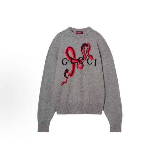 GUCCI 2025 Spring Season New Year Collection - Solid Embroidered Round-neck Long-sleeved Sweater - Women's - Gray