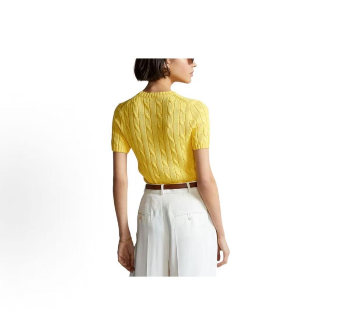 Ralph Lauren SS22 Little Horse Embroidered Pattern Twisted Knitted Cotton Roundneck Pullover Short Sleeve Knit Shirt, Slim Fit, Women's Style, Yellow