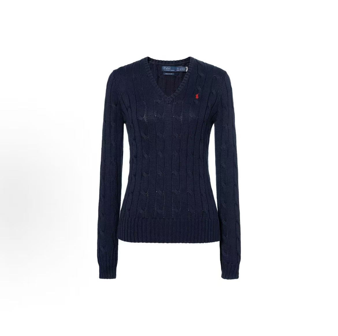 Ralph Lauren Petite Spurs Embroidered Solid Twill Knotted Cotton Ribbed V-Neck Pullover Long Sleeve Knit Shirt Standard Fit Women's Dark Blue