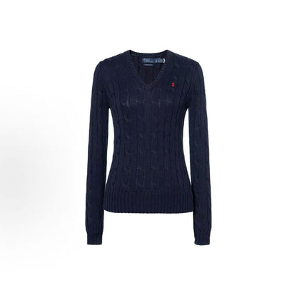 Ralph Lauren Petite Spurs Embroidered Solid Twill Knotted Cotton Ribbed V-Neck Pullover Long Sleeve Knit Shirt Standard Fit Women's Dark Blue