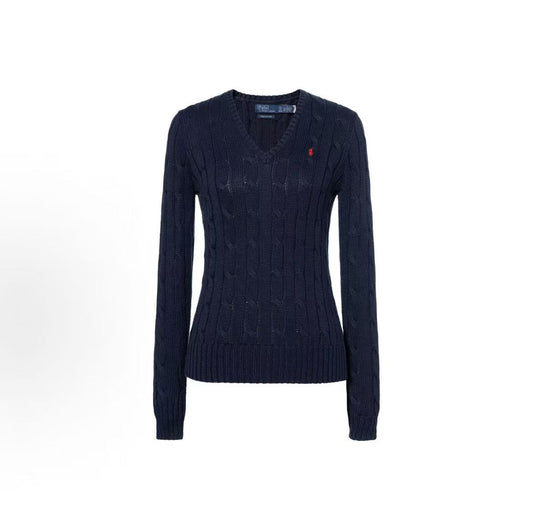 Ralph Lauren Petite Spurs Embroidered Solid Twill Knotted Cotton Ribbed V-Neck Pullover Long Sleeve Knit Shirt Standard Fit Women's Dark Blue