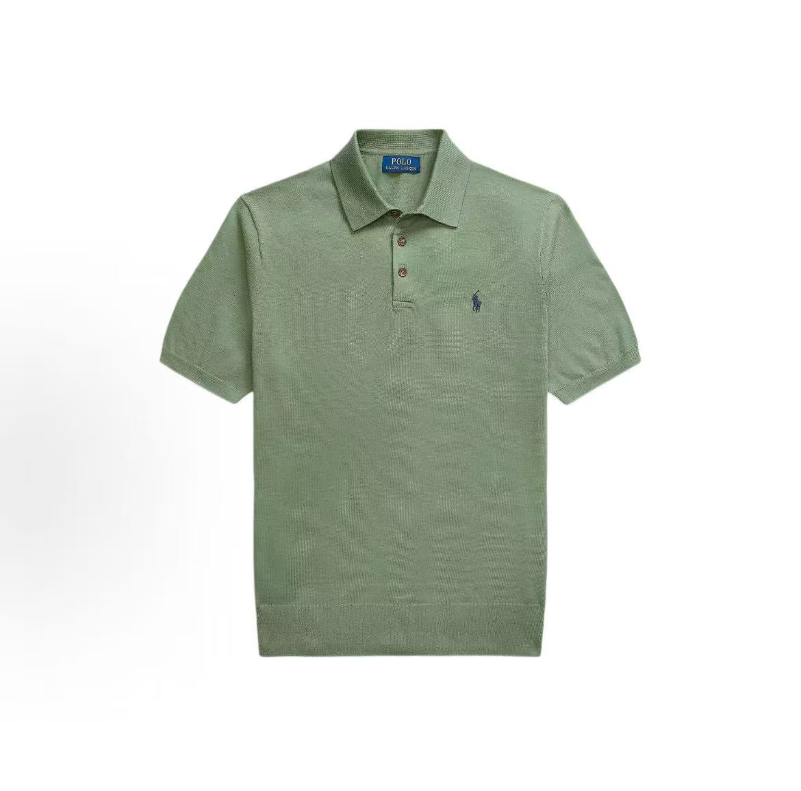 Ralph Lauren SS25 Pony Embroidery Cotton Ribbed Polo Neck Button Front Pullover Short Sleeve Knit Shirt Standard Fit Men's Style Gray Green
