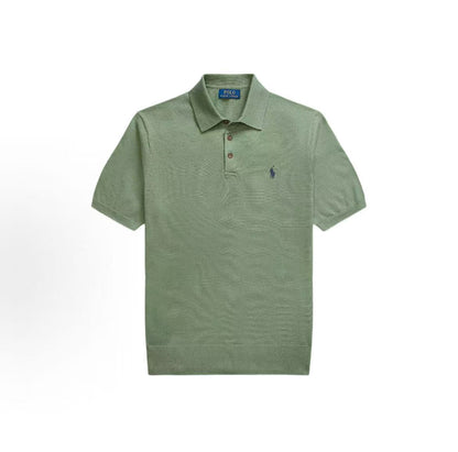 Ralph Lauren SS25 Pony Embroidery Cotton Ribbed Polo Neck Button Front Pullover Short Sleeve Knit Shirt Standard Fit Men's Style Gray Green