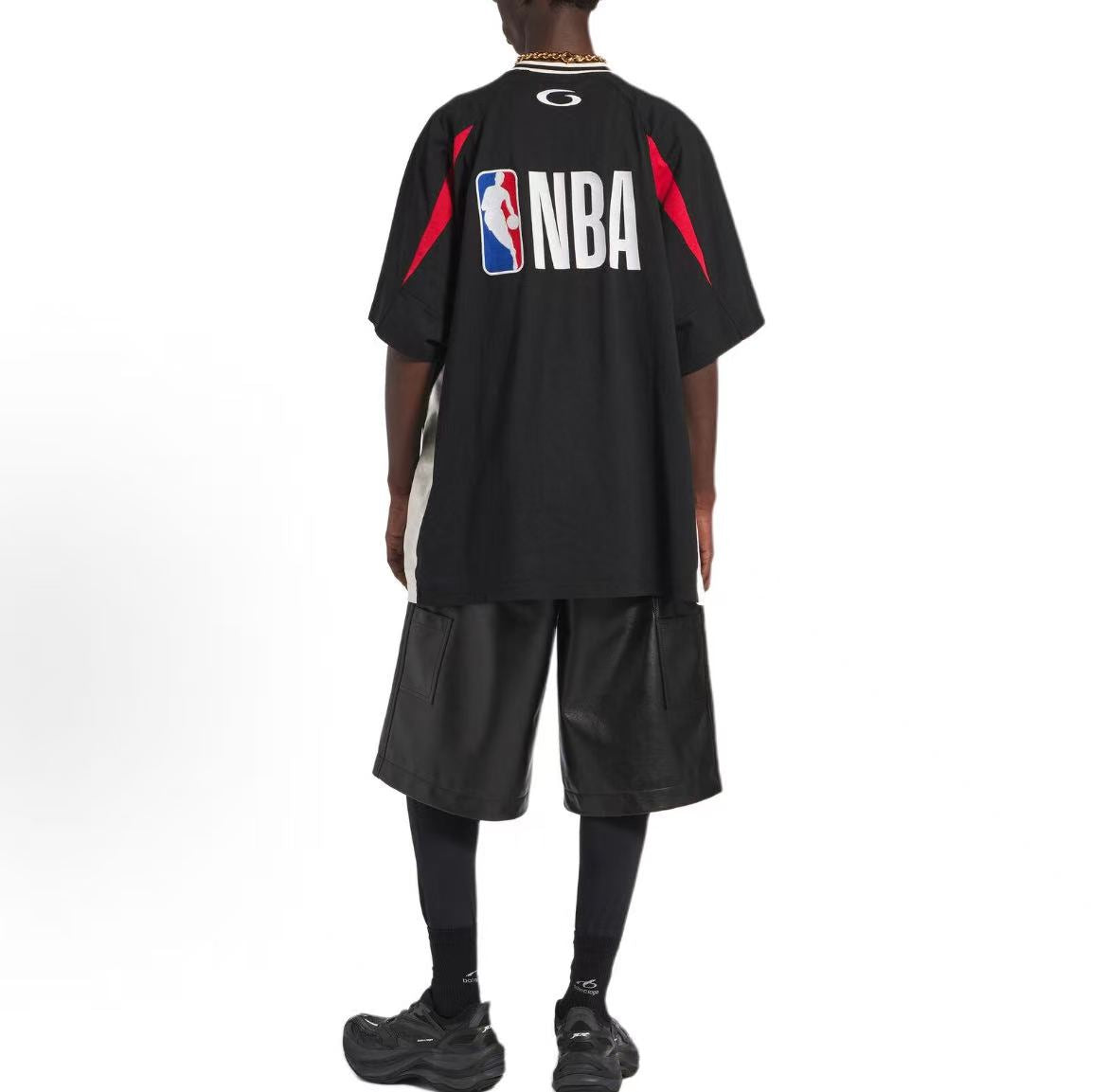 Balenciaga Streetwear × NBA Spring/Summer 2026 Collaboration Collection - Color-blocked Short-Sleeved Plain Knit T-Shirt in Round Neck - Loose Fit for Men