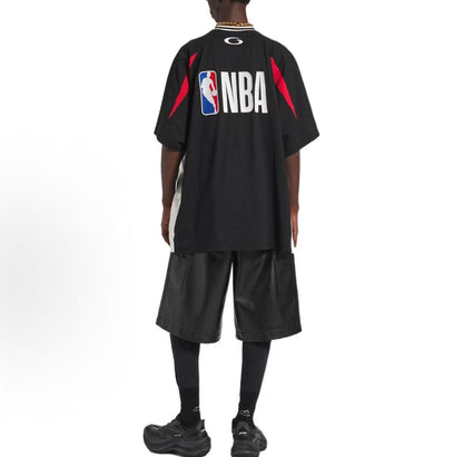 Balenciaga Streetwear × NBA Spring/Summer 2026 Collaboration Collection - Color-blocked Short-Sleeved Plain Knit T-Shirt in Round Neck - Loose Fit for Men