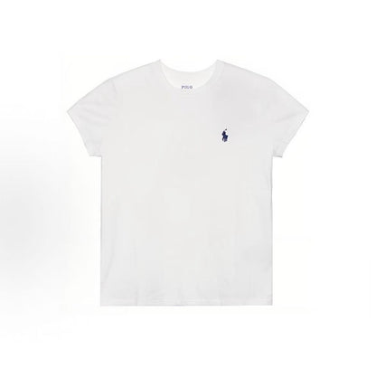 Ralph Lauren SS22 Little Horse Embroidery Solid Cotton Round-neck Pullover Short-Sleeve T-Shirt for Women, White with Navy Blue Stripes, Standard Fit