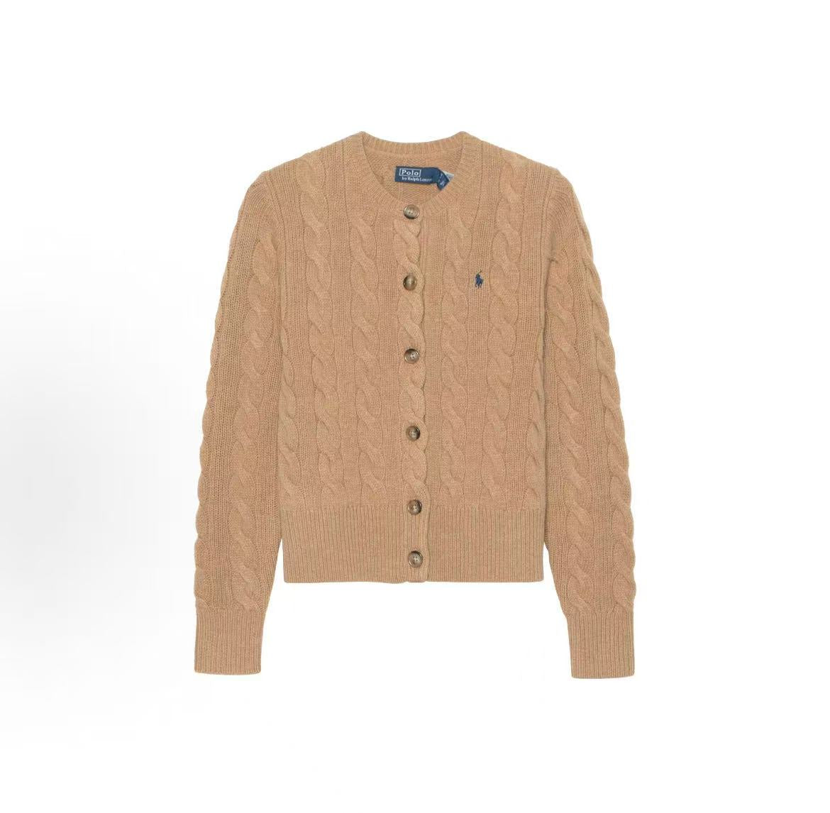Ralph Lauren Cable-Knit Wool-Cashmere Cardigan - Solid Striped Single-Button Knit Dress Shirt - Standard Fit - Women's - Camel Color