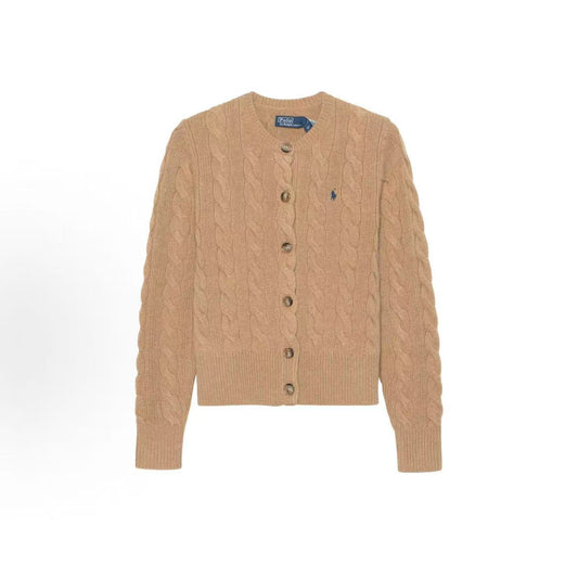 Ralph Lauren Cable-Knit Wool-Cashmere Cardigan - Solid Striped Single-Button Knit Dress Shirt - Standard Fit - Women's - Camel Color