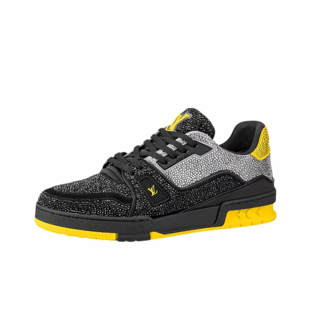 LOUIS VUITTON Trainer Line rhinestone sneakers men's black and yellow