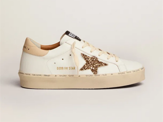 GOLDEN GOOSE Hi Star sneakers with gold glitter star and beige leather heel tab