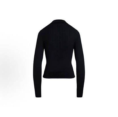 Ralph Lauren Solid Color Small Spikes Embroidered Lace Embroidered Cotton Buttoned Collar Single-Button Ribbed Sleeve Hem Long-Sleeved Buttoned Front Sweater Form-fitting Women's Style Black