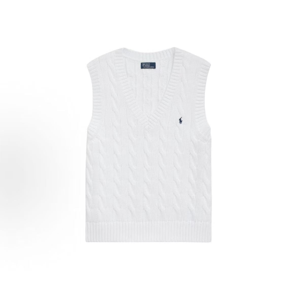 Ralph Lauren Petite Spurs Embroidered Solid Cotton Twill Gathered V-Neck Pullover With Ribbed Sleeve Hems and Slit Skirted Hem Knitted Cardigan Straight Fit Women's White