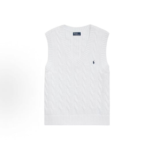 Ralph Lauren Petite Spurs Embroidered Solid Cotton Twill Gathered V-Neck Pullover With Ribbed Sleeve Hems and Slit Skirted Hem Knitted Cardigan Straight Fit Women's White