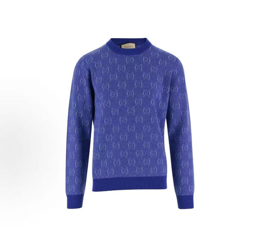 GUCCI 2023 Spring Collection Double G Embroidered Plaid Pullover Sweater - Men's Style - Blue