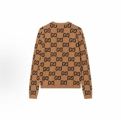 GUCCI: Double G Collection SS23 GG Lettered Jacquard Pullover Round-neck Long-sleeve Sweater for Men, Beige Color