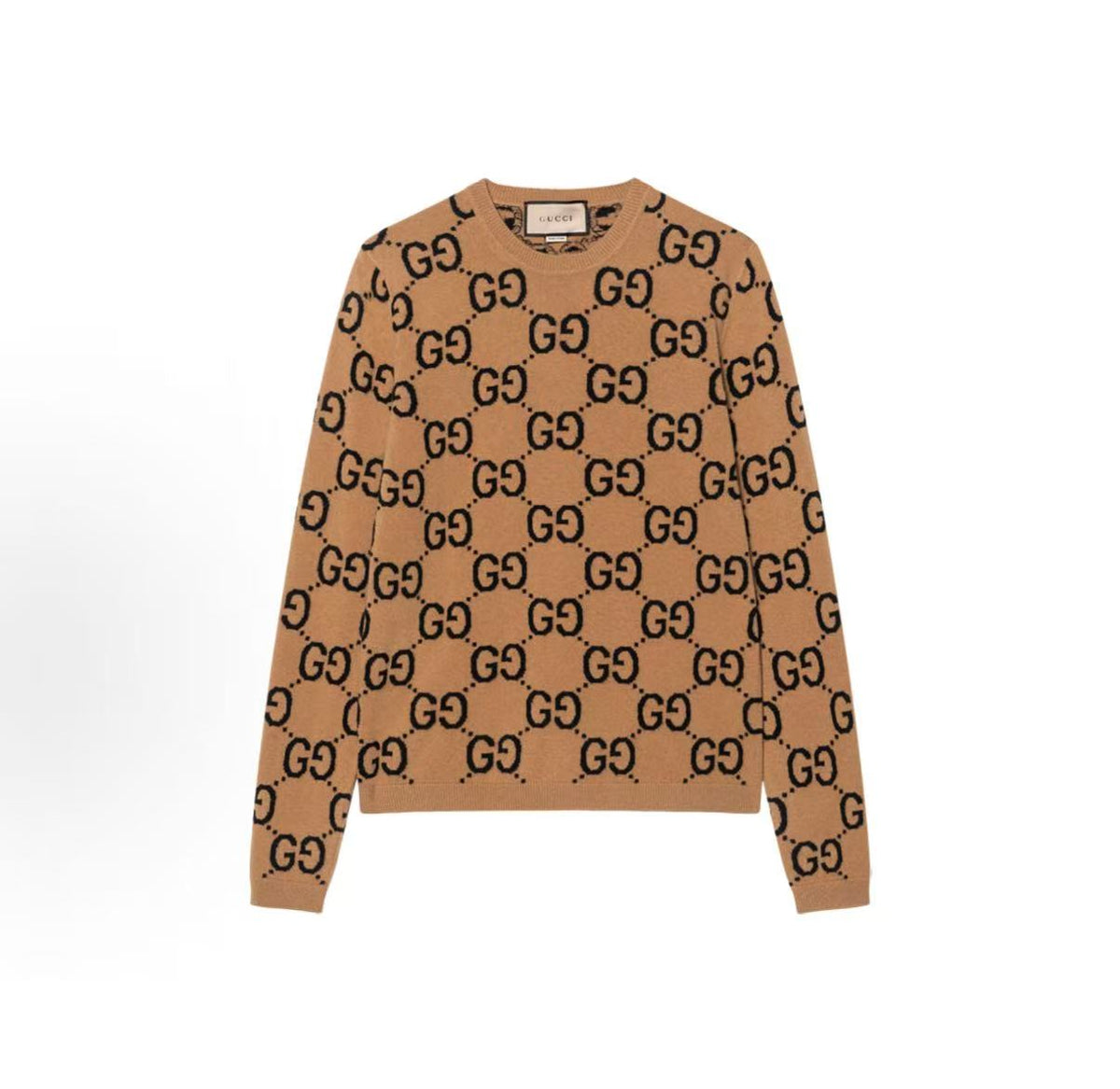 GUCCI: Double G Collection SS23 GG Lettered Jacquard Pullover Round-neck Long-sleeve Sweater for Men, Beige Color