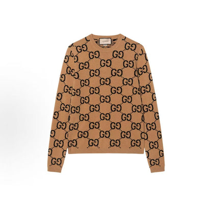 GUCCI: Double G Collection SS23 GG Lettered Jacquard Pullover Round-neck Long-sleeve Sweater for Men, Beige Color