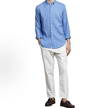 Ralph Lauren SS25 Small Horse Logo Embroidered Cotton-Linen Long-Sleeve Shirt for Men, Glacier Blue