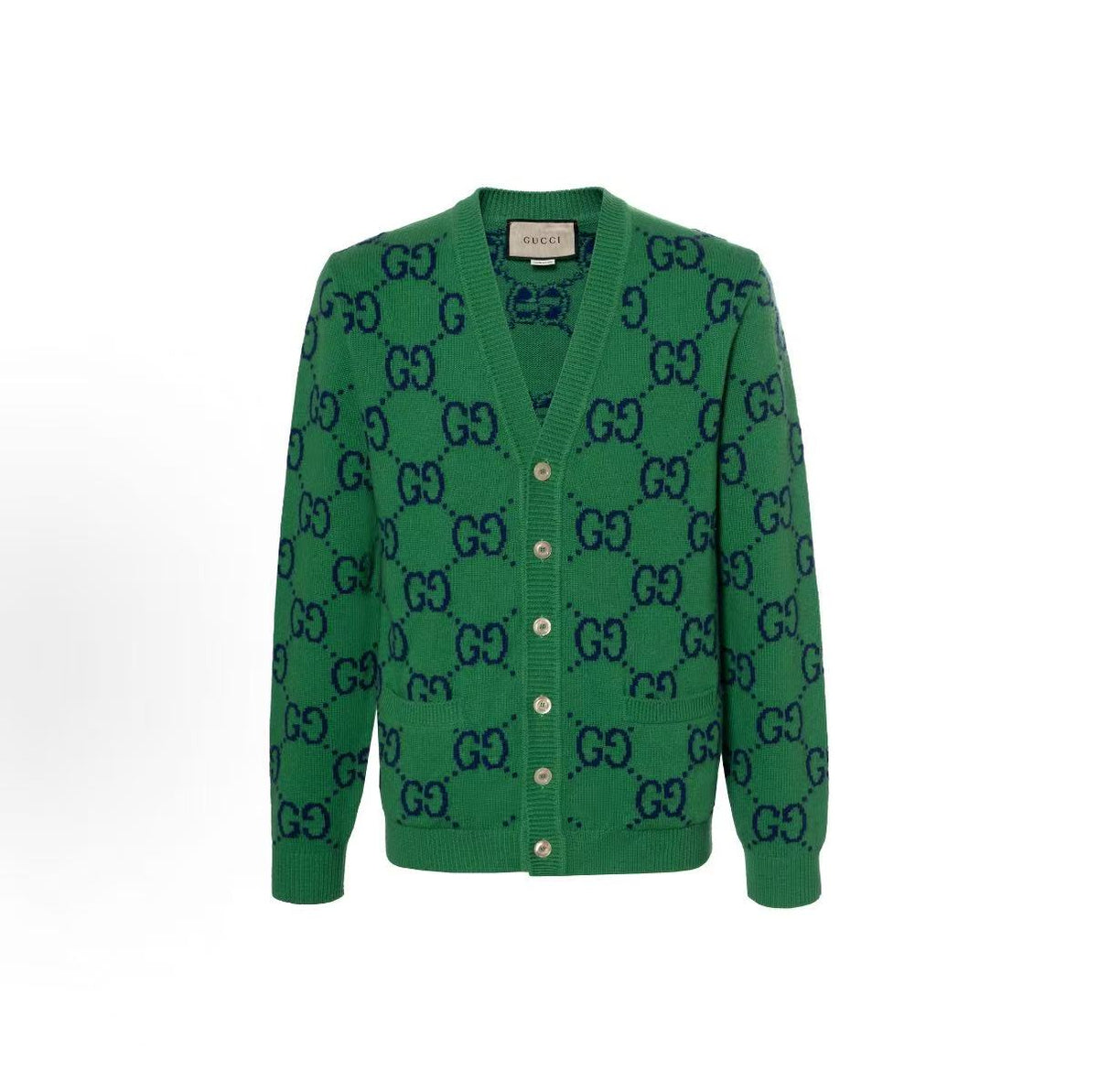 GUCCI Ancient Grecian SS22 Logo Plaid V-neck Single-Button Sweater for Men in Green