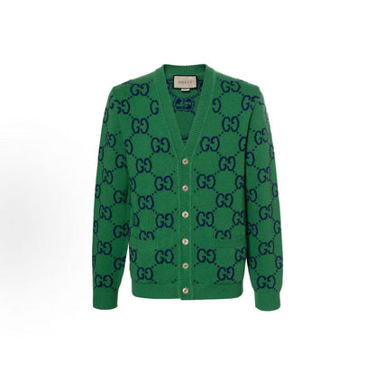 GUCCI Ancient Grecian SS22 Logo Plaid V-neck Single-Button Sweater for Men in Green